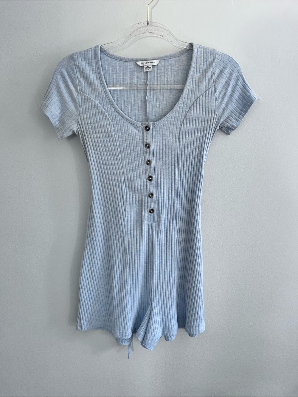 AMERICAN EAGLE Light Blue Ribbed Short Sleeve Romper